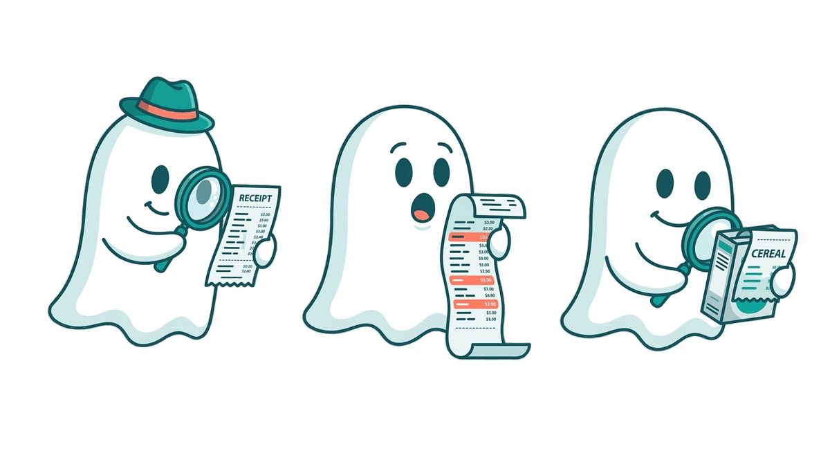Ghost mascots: detective scanning receipts, surprised by prices, happy with savings